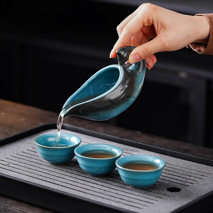 Semi Automatic Tea Set Ceramic Teapot with Infuser Magic Teapot with 8 cups (Light Blue Dragon-D)