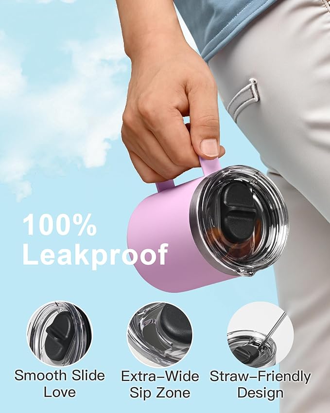 Insulated Coffee Mug 12 oz, Double Wall Stainless Steel Coffee Mug with Lids, Leak-Proof & Detachable Slider Lid for Thorough Clean, Keeps Coffee Cold for 9 Hrs, Suitable for Camp Home Office