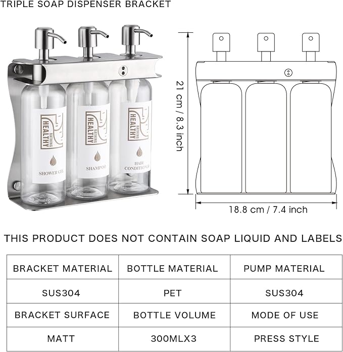 Brushed Silver Shampoo, Conditioner, Body Wash Dispenser Eco-Friendly 3 Compartment Refillable Shampoo and Conditioner Pump Bottle, Wall Mounted Slot Shower Soap Dispenser (KCLS-3)