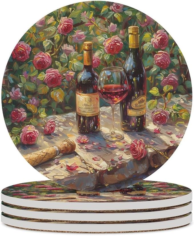 Red Wine Drink Coasters, Round Ceramic Drink Coaster Round-4PCS, Oil Painting Style Red Wine Floral Rose Flower Pattern Decor Absorbent Ceramic Coasters for Beverage Cup, Bar, Coffee Table
