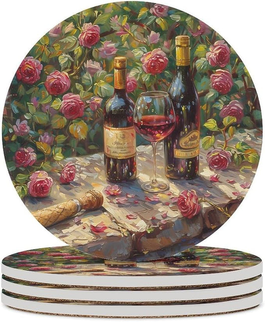 Red Wine Drink Coasters, Round Ceramic Drink Coaster Round-4PCS, Oil Painting Style Red Wine Floral Rose Flower Pattern Decor Absorbent Ceramic Coasters for Beverage Cup, Bar, Coffee Table