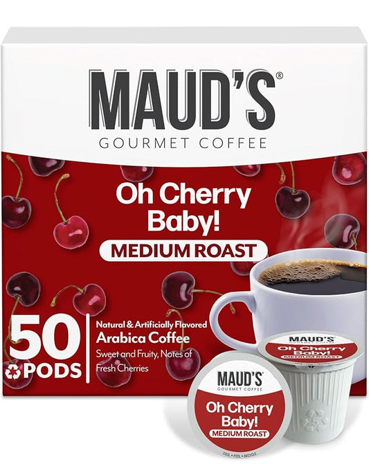 Maud's Cherry Flavored Coffee Pods, 50 ct, Medium Roast Flavored Coffee in Recyclable Single Serve Pods – 100% Arabica Beans, Compatible with Keurig K Cups Maker