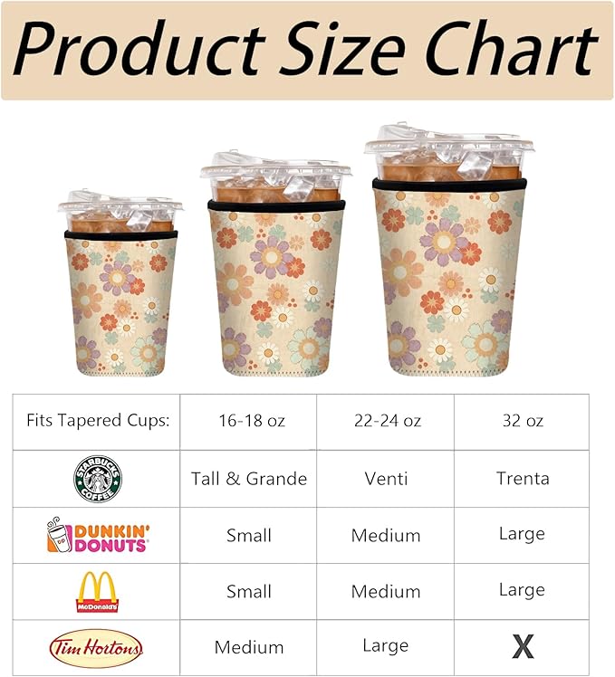 Neoprene Iced Coffee Sleeve 3 Pack, Reusable Insulated Cup Holder with Vintage Floral Pattern, Fits 16–32 oz Tumblers, Compatible with Starbucks & Dunkin