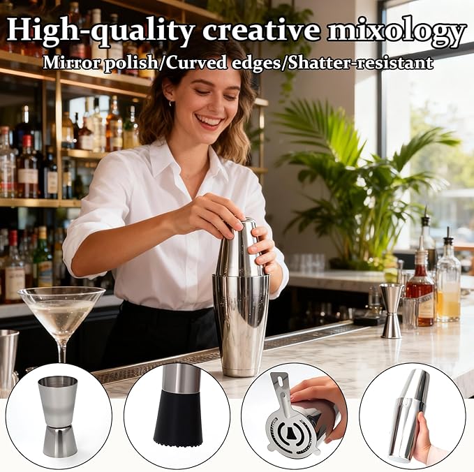 JUSTDOMI 26-Piece Stainless Steel Bar Tool Set Bartender Accessories, Cocktail Shaker Set Bartender Kit with Stand, Cocktails Kit with Muddler for Bar Accessories, Home, Party Cafe Drinks-Style 1