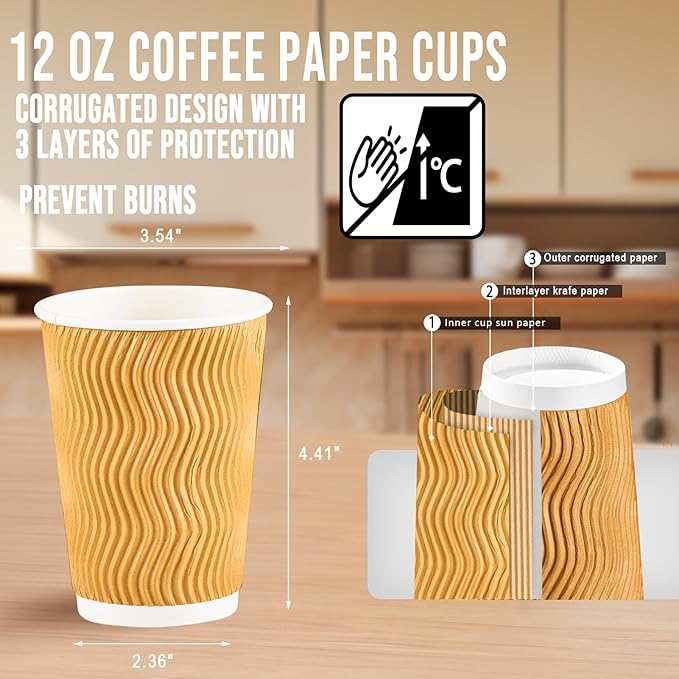 BYSNOW 100 Pack 12 oz Disposable Paper Coffee Cups, Leak Proof Insulated Ripple Wall Hot Cups for Espresso, Coffee, Tea, Hot Chocolate, To Go Drinks (Home, Office, Cafe Bar)