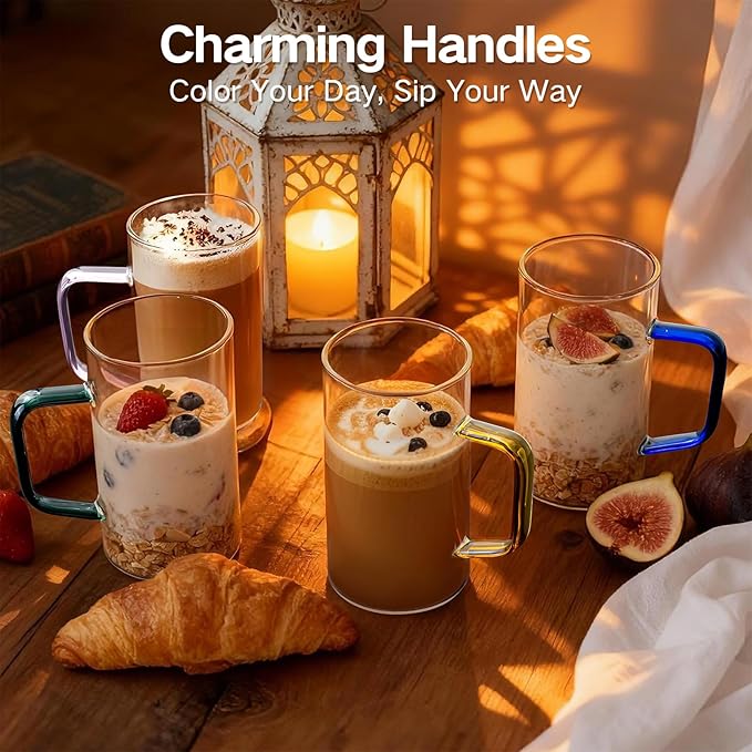 COMI Glass Coffee Mugs Set of 4, 17 oz Large Clear Coffee Cups with Colorful Handles, Hand Blown & Seamless Design, Heat Resistant and Explosion-Proof, Lightweight Tea Mugs for Home,Cafe