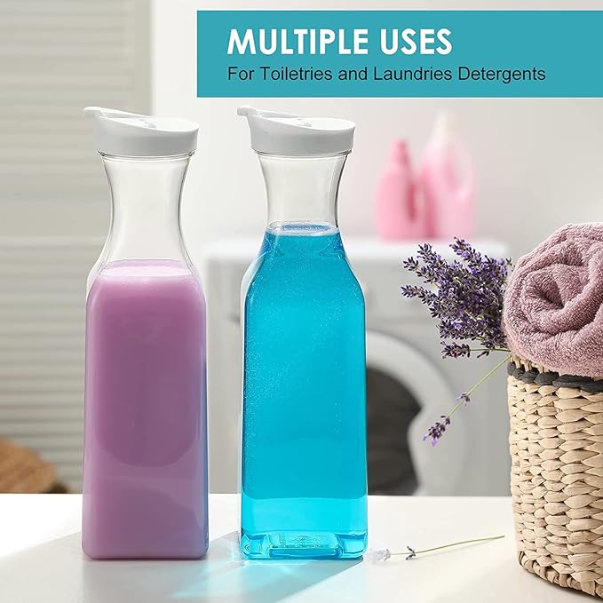 Plastic 8 PACK Large 50 Oz Water Carafe with Flip Top Lid, Square Base Juice Containers, Clear Plastic Pitcher - for Water, Iced Tea, Juice, Beverage, Milk, Cold Brew and Mimosa Bar - HAND WASH ONLY