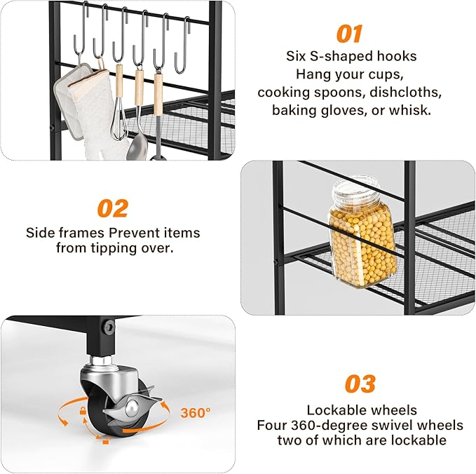 Abiglifty 3-Tier Rolling Kitchen Cart, Microwave Cart with Lockable Wheels, Kitchen Utility Cart, Mobile Microwave Stand with Storage for Living Room, Office, Balcony, Bathroom, Black