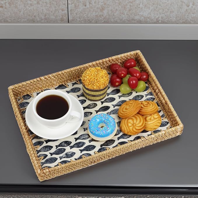 Rattan Serving Tray, Rectangle Coffee Table Tray with Mother of Pearl Inlay, Decorative Wicker Basket with Handle for Coffee, Bread, Fruits, Snacks, Table Decor (Black Fish)