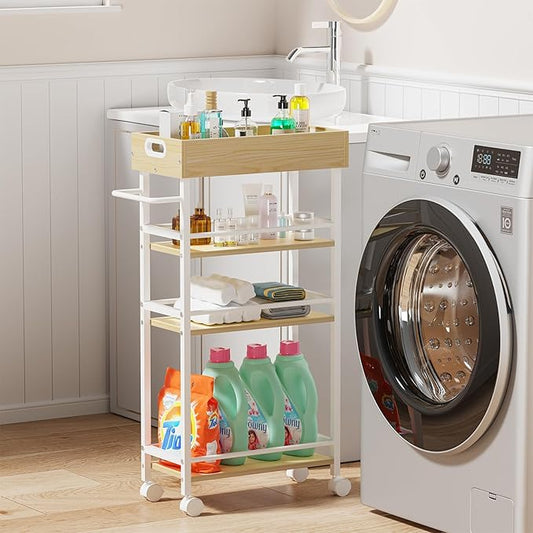 Slim Storage Cart, 4-Tier Small Rolling Cart with Wheels, 8.5" Deep, Narrow Bathroom Shelf Trolley for Kitchen, Bathroom, Laundry Room, White Medium 4-Tier (8.5" W x34.7 H)