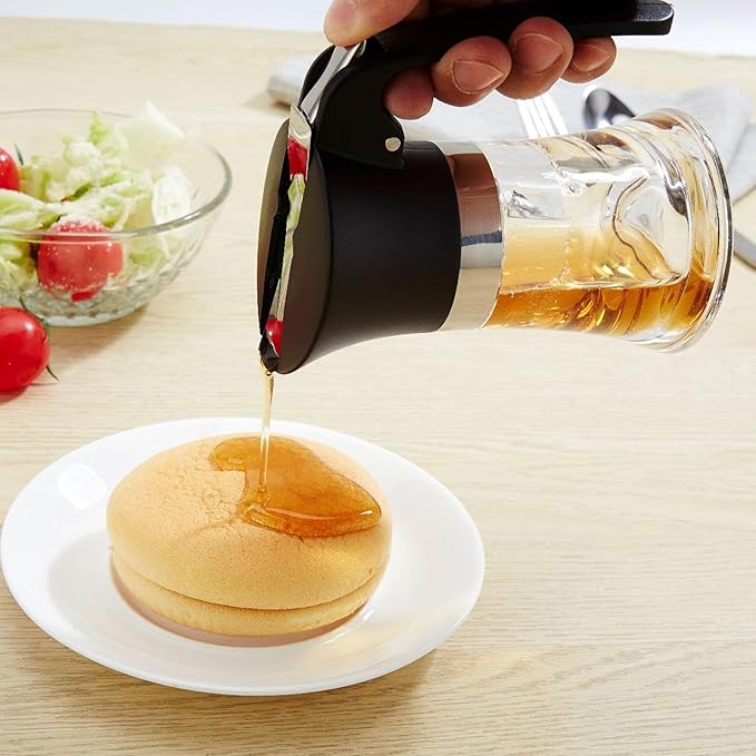 Bewinner 3.38Oz Syrup Dispenser, Honey Pot Glass Honey Dispenser Jar, Stainless Steel Maple Syrup Container Easy to Clean for Chocolate Peanut Butter Caramel