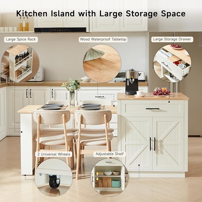 ONBRILL 76" Kitchen Islands with Extendable Dining Table, 2-4 Island Table with Double-Side Storage, Mobile Storage Islands Cart with Power Outlet & Spice Rack, White