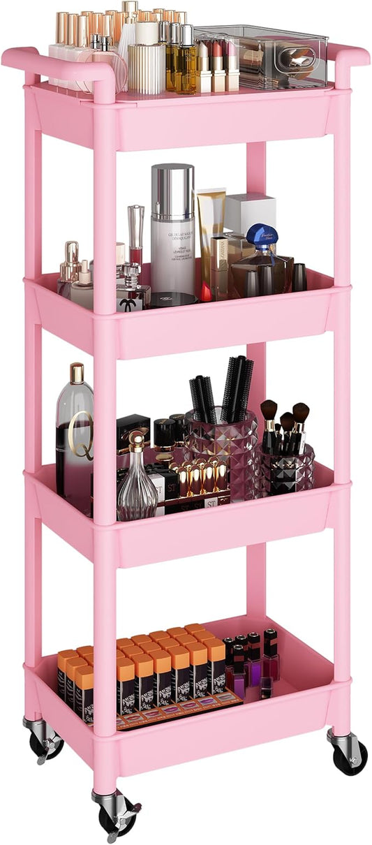 MIOCASA Utility Rolling Cart with Detachable Tray Top, 4-Tier Kitchen Storage Organization, Art Cart with Wheels for Office, Classroom, Livingroom, Kitchen, Bathroom (Pink, 4-Tier-Plastic)
