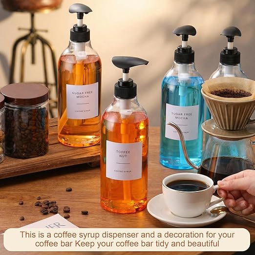 9 Pcs Coffee Syrup Dispenser Set 25 oz Plastic Coffee Syrup Dispenser Pump Bottle 16.9 oz Pet Jar with Lids Gold Spoon and Labels for Home Bar Organization