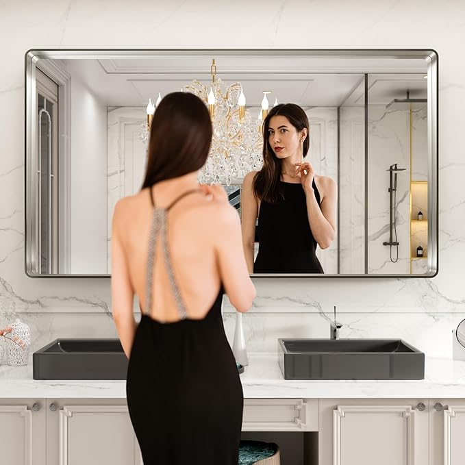 LOAAO 77X36 Inch Brushed Nickel Bathroom Mirror, Rounded Rectangle Silver Metal Frame Mirror, Brushed Nickel, Anti-Rust, Hangs Horizontally or Vertically