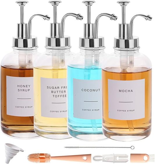 Coffee Syrup Dispenser-4pack,16.9 oz 500ml,Coffee Bar Accessories,Syrup Pump Dispenser for Coffee Bar,Contains Cleaning Tools, Funnel