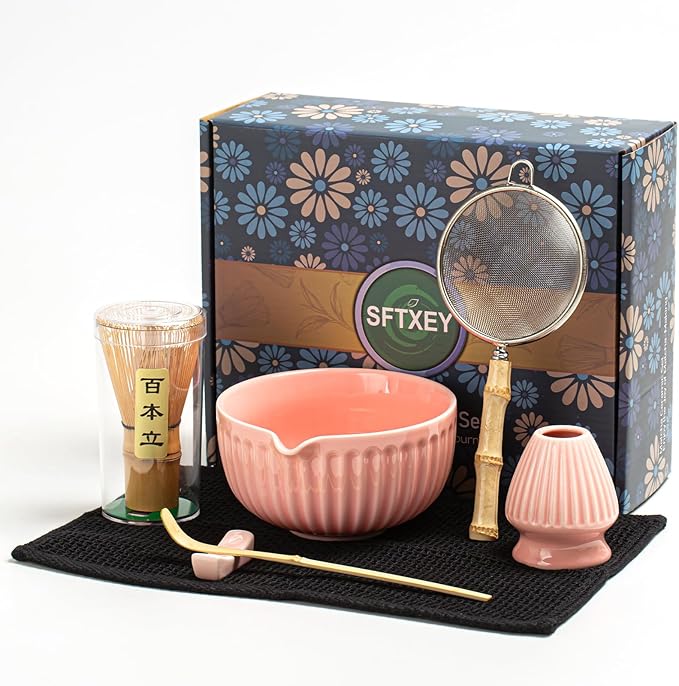 Matcha Whisk Set, Matcha Set Includes Ceramic Matcha Bowl, Matcha Whisk and Holder, Bamboo Scoop, Sifter, Scoop Rest and Tea Towel - 7 Pcs Matcha Making Kit for Matcha Lover and Tea Ceremony