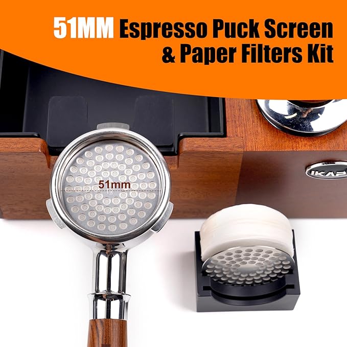 IKAPE Espresso Coffee Accessories, 51mm Puck Screen 4-piece Set with 2 Ultra-thin Puck Screen, 200 pcs Paper Filters, and a Stand Holder - Elevate Your Coffee Experience