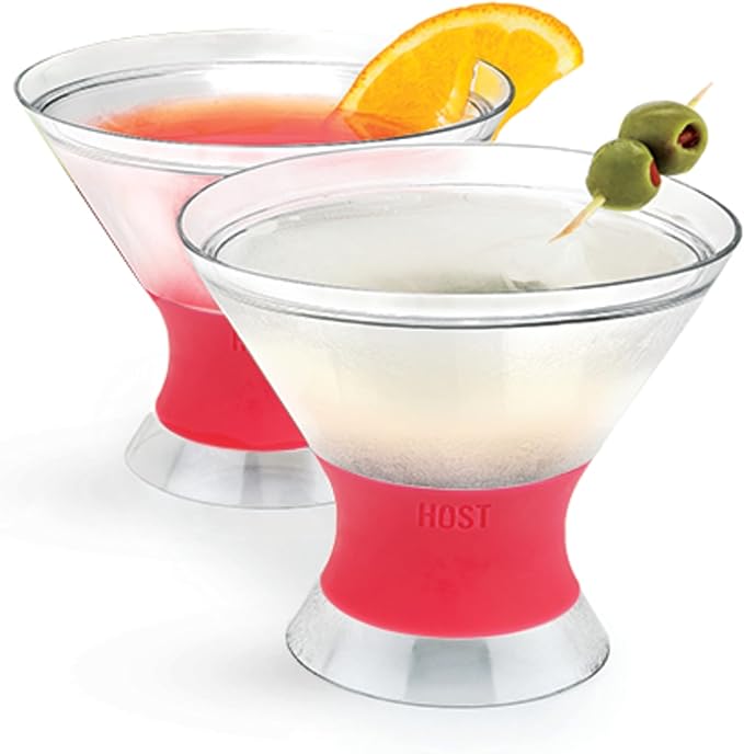 HOST Freeze Insulated Martini Cooling Cups, Plastic Freezer Gel Chiller Double Wall Stemless Cocktail Glass Bright Pink 9oz Set of 2