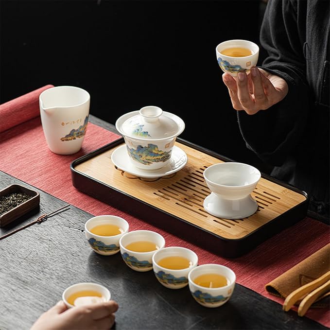 LURRIER Gongfu tea sets, Portable Ceramic TeaSet, Asian Tea sets for adult, Tea Gift sets, Grey leather case, Portable Travel Bag,Home,Gifting,Outdoor and Office(White Jade Thouand Mile and Mountain)