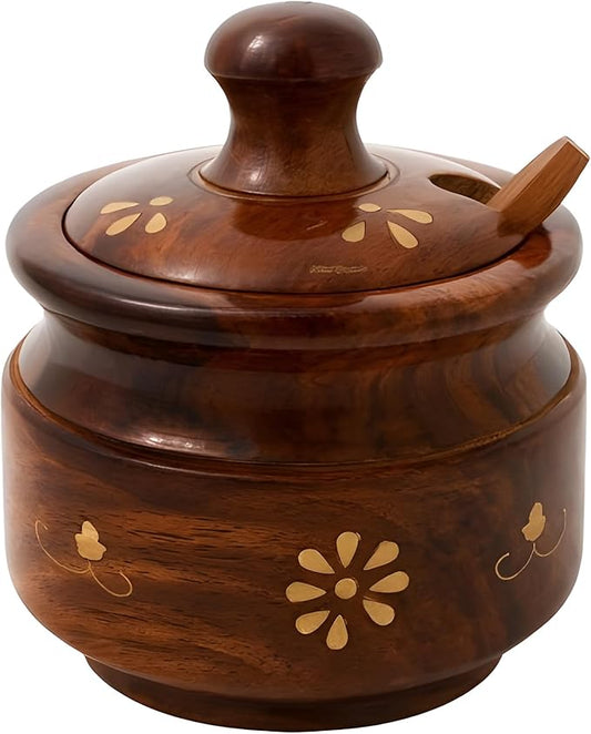 Handcrafted Sheesham Wood Spice Jar with Spoon & Lid | Decorative Wooden Sugar/Spice Container with Brass Inlay | Traditional Kitchen Storage Pot