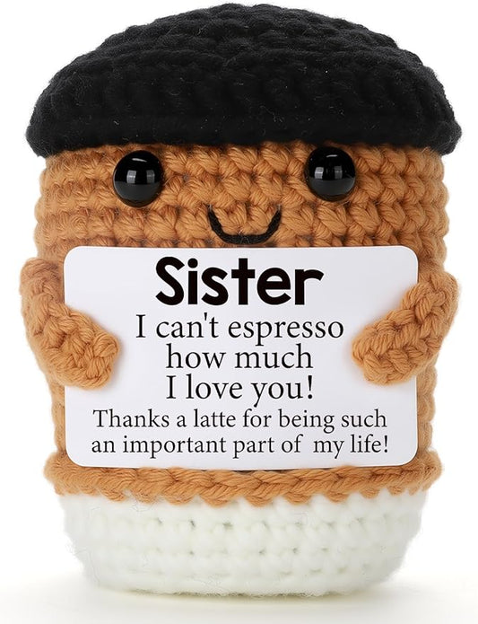Mini Funny Coffee Sister Birthday Gifts from Sister, Graduation Soul Sister Friend Gifts for Women Girls Presents, Handmade Crochet Coffee Inspirational Cheer up Emotional Gift Desk Decor