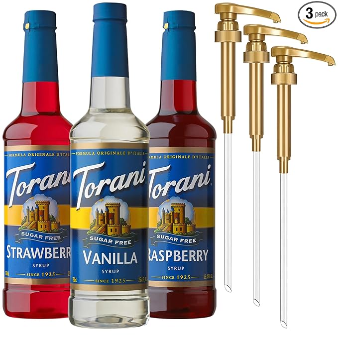 Torani Sugar Free Syrup Variety 3-Pack, Strawberry, Raspberry, and Vanilla, Zero-Calorie Syrups for Drinks, Pumps Included, 25.4 Oz Ea