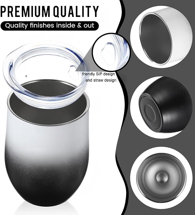 16 Pack Stainless Steel Wine Tumblers 12 oz Insulated Vacuum Wine Cup Set Double Wall Stainless Steel Stemless Mug Glasses for Coffee Soda Whiskey Outdoor Travel (Black and White)