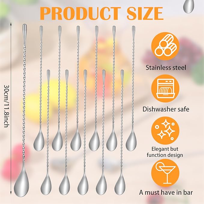 12 Pcs 11.8 Inch Stainless Steel Bar Spoons, Silver Cocktail Mixing Spoons with Spiral Pattern Long Drink Stirrers for Professional and Home Use