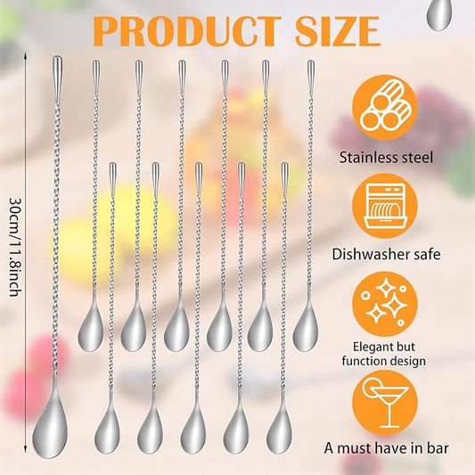 12 Pcs 11.8 Inch Stainless Steel Bar Spoons, Silver Cocktail Mixing Spoons with Spiral Pattern Long Drink Stirrers for Professional and Home Use