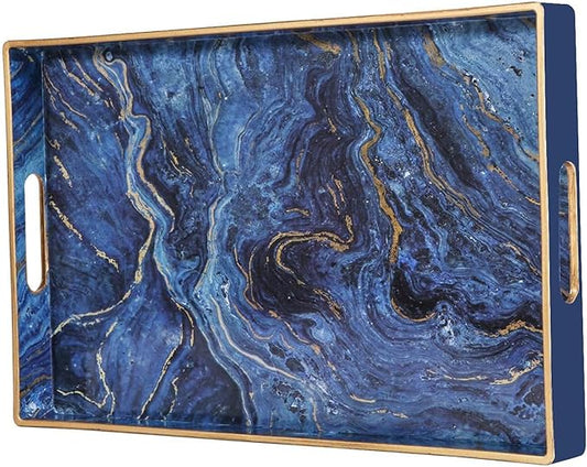 Zosenley Plastic Serving and Decorative Tray with Handles for Ottoman, Coffee Table, Bathroom Vanity, Blue Marble Rectangular Tray for Countertop and Kitchen, 15.6 x 10.2 Inches