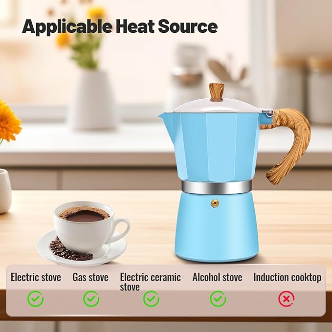 Vaolvpant 9 Cup Aluminum Moka Pot Classic Stovetop Espresso Coffee Maker 450ml 15oz Coffeemaker Percolator Mocha Pot Greca Coffee Maker Cafe Makers for Italian and Cuban Café Brewing Blue