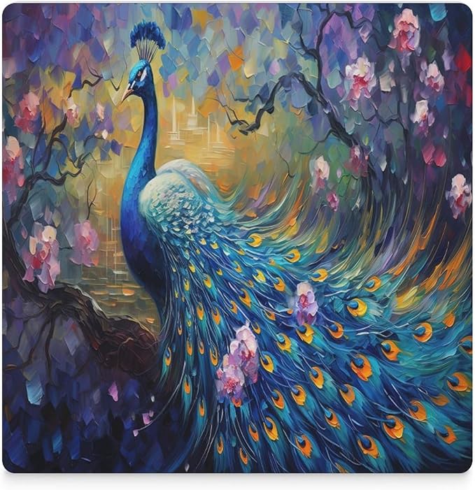 Square-6PCS Peacock Drink Coasters, Square Modern Ceramic Absorbent Coasters, Vintage Watercolor Style Floral Beautiful Blue Peacock Decor Desk Coffee Table Coaster for Beverage Cup Tea Coasters