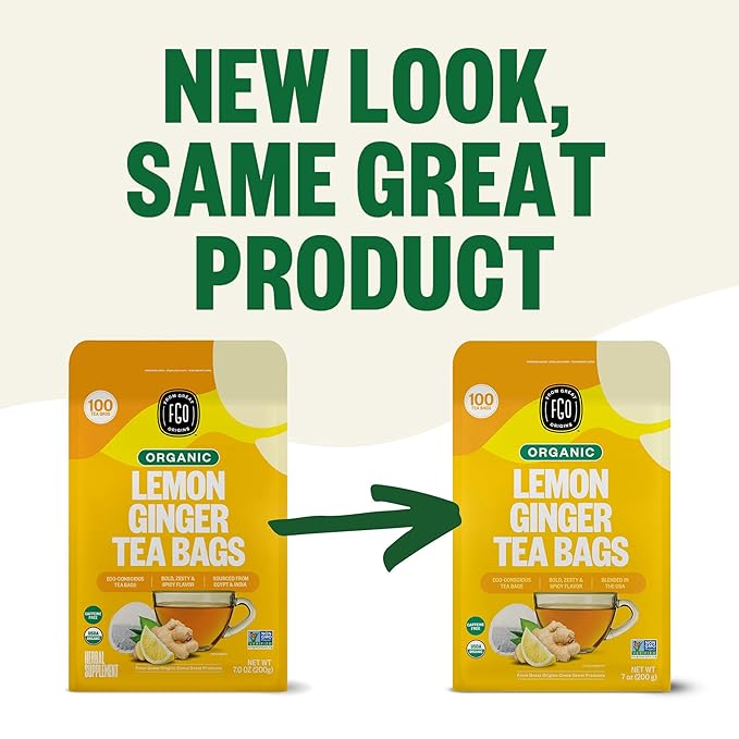 FGO Organic Lemon Ginger Tea, 100 Count, Eco-Conscious Tea Bags, Resealable Bag, Caffeine Free, Packaging May Vary (Pack of 1)