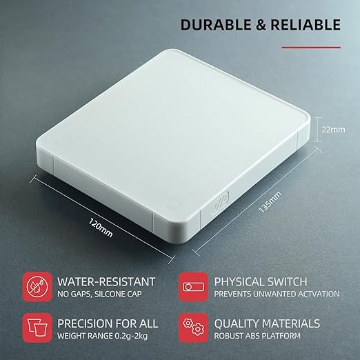 CUFEJORO Portable Coffee Scale,Electronic Digital Espresso Scale with Timer,2kg/0.1g High Precision,USB Type-C Charging,Rechargeable 1800mAh Battery White