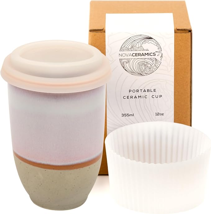 NOVA CERAMICS Travel Mug – Portable Coffee Tumbler – Unique to Go Mug – Microwave & Dishwasher Safe Purple Coffee Tumbler - Gifts for Women Men Him Her – 12oz – Horizon