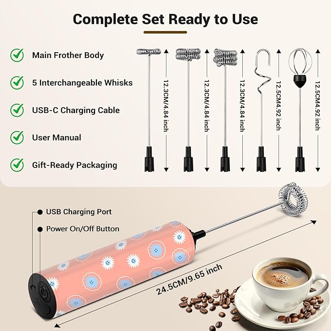 Milk Frother Handheld Rechargeable - 2-Speed Electric Whisk with 5 Detachable Heads (Frother/Mixer/Whisk) for Coffee, Latte, Cappuccino & Matcha, Drink Mixer (Flower 8)