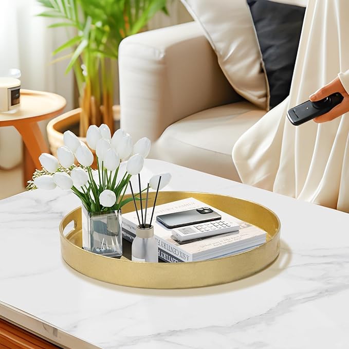 MAONAME 13" Gold Round Decorative Tray for Coffee Table, Modern Serving Tray with Handles, Foil Ottoman Trays, Bathroom Decor