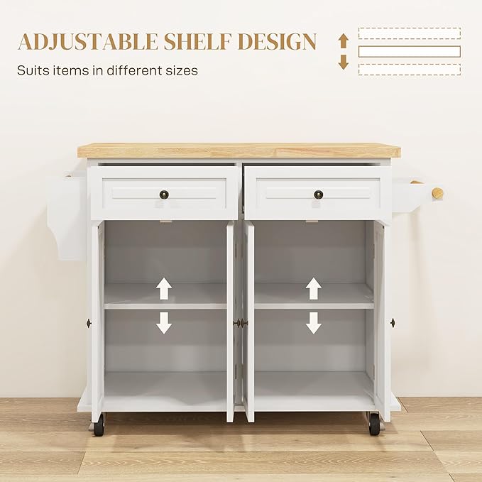 HOMCOM Kitchen Island Cart with Rubber Wood Top, Rolling Kitchen Island Table on Wheels with Drawers, Adjustable Shelves, Spice Rack and Towel Rack for Dining Room, Cream White