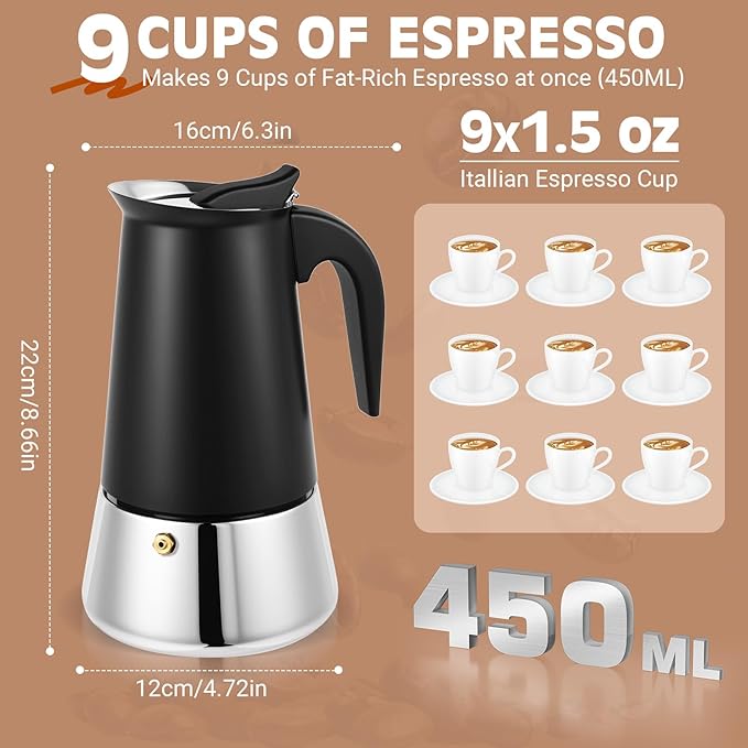 Suiitat Moka Pot, 9 Cups (15.9 oz) Stovetop Espresso Maker, 304 Stainless Steel Moka Pot, Induction Compatible, Black