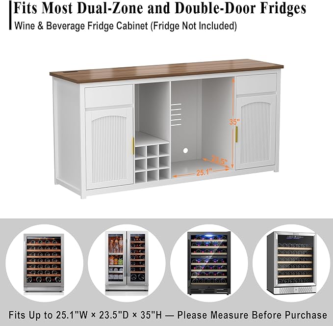 GDLF Extra Long Bar Cabinet with Fridge Space, Modern Wine Liquor Cabinet with Storage and Power Outlet, Buffet Sideboard with Fluted Doors for Home, 78.7 Inch, White