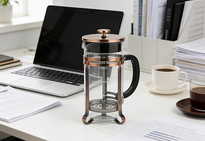 French Press Coffee Maker 21oz, 304 Stainless Steel 4Mesh Filter, Borosilicate Glass, Heat-Resistant, BPA-Free,Glass Carafe with Measurement Markings, Easy to Clean, forHome, Office & Gift