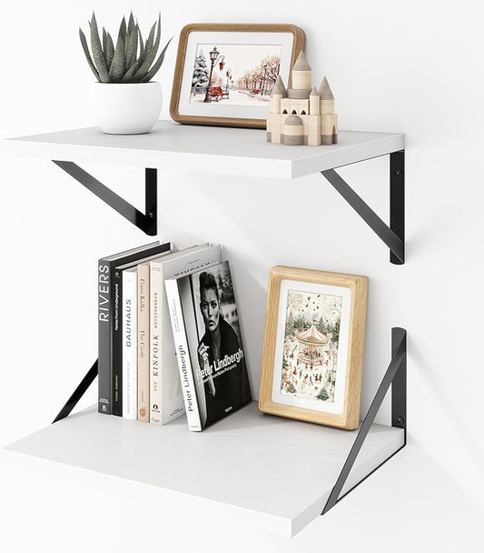 Deep Floating Shelves Wall Mounted, 16"x12" White Wall Shelves with Brackets Set of 2 for Bedroom, Living Room, Bathroom, Kitchen, Office - Storage & Display Shelf for Decor, Books, Plants