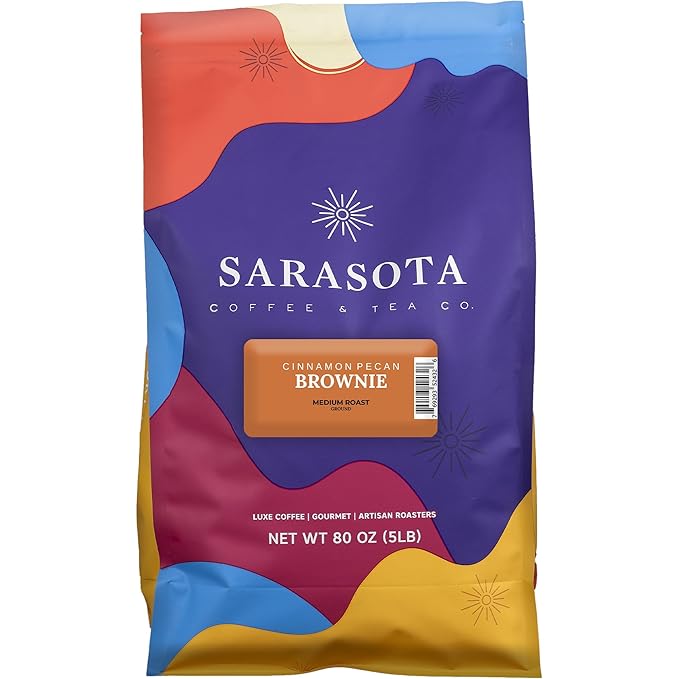 Sarasota Coffee Ground Cinnamon Pecan Brownie | Medium Roast Gourmet Flavored Coffee Grounds | Low Acid, Mold Free, Specialty Grade Flavored Bulk Ground Coffee | 5lb (80 oz)