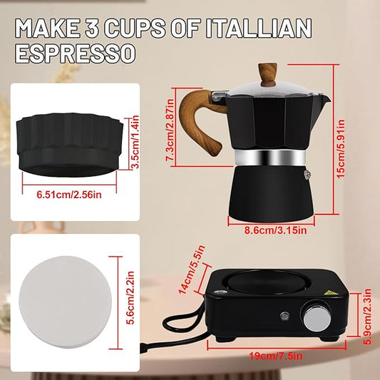 4-in-1 Moka Pot Espresso Set with Electric Stove 3 Cup Aluminum Stovetop Coffee Maker Percolator Italian Classic Mocha Coffee Machine with Powder Dispenser Filter Paper Portable Camping Black