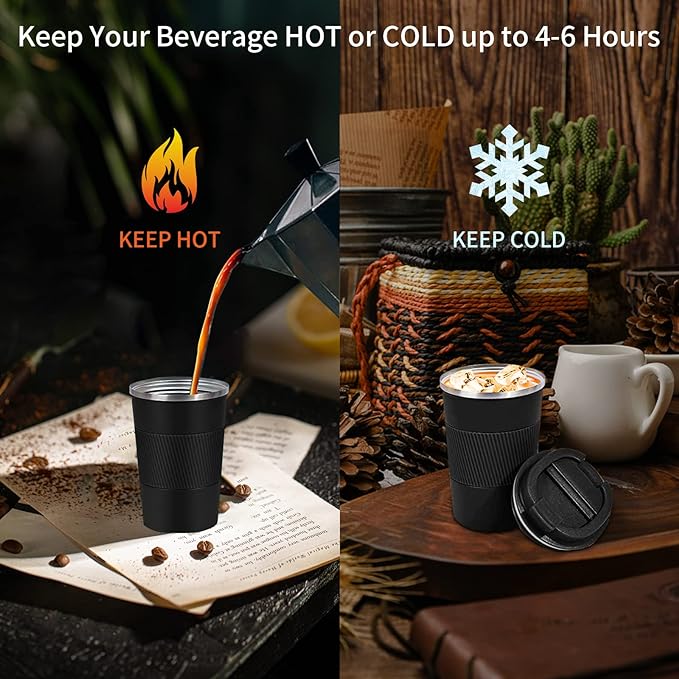 YINBAOGE Insulated Travel Coffee Mug, Spill & Leak Proof, Portable To Go Camping Stainless Steel Coffee Tumbler, Reusable Thermal Coffee Cup with Lid for Hot & Cold Drinks (Black, 17 OZ)