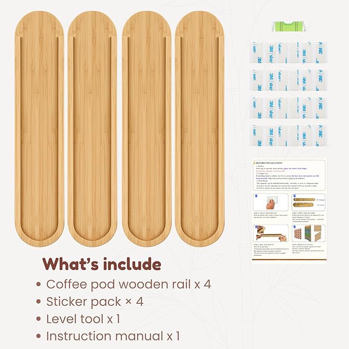 Bamboo Coffee Pod Holder, Adhesive Wall Mount (No Drilling) for Inside Cabinet Door, 20-Capsule Storage (Set of 4), Vertical & Horizontal, Compatible with Nespresso Vertuo Line-Bamboo Brown