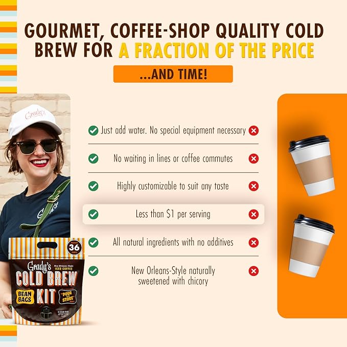 GRADY'S COLD BREW, French Vanilla, 100% Arabica Ground Coffee & Chicory Pouches, All-in-One Cold Brew Kit with 12 Easy-to-Brew Bags, Makes 36 Drinks