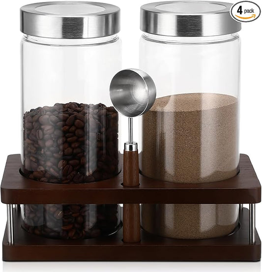 Suclain Glass Coffee Grounds Container with Shelf 2 x 44 oz Glass Coffee Bean Storage Canisters with Airtight Thread Lid and Measuring Spoon for Kitchen Sugar(Modern Style, Stainless Steel)