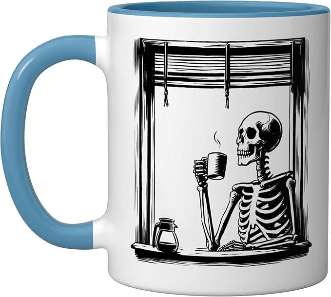Skeleton Drinking Coffee - Minimalist Graphic Coffee Lover Ceramic Mug, Blue/White